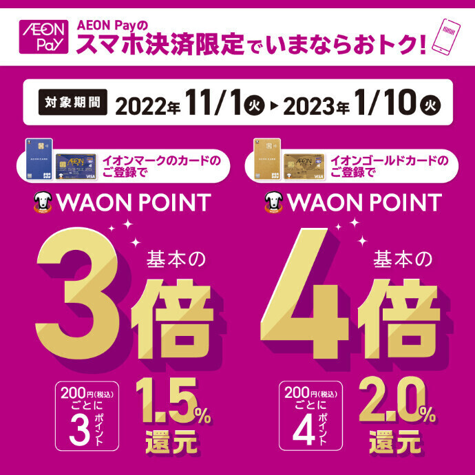AEON Pay決済でWAONPOINT3倍/4倍キャンペーン