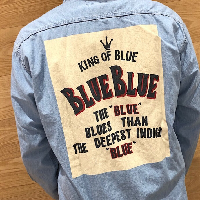 BLUEBLUE☆KING OF BLUE バックプリント オーガニックシャンブレーシャツ
