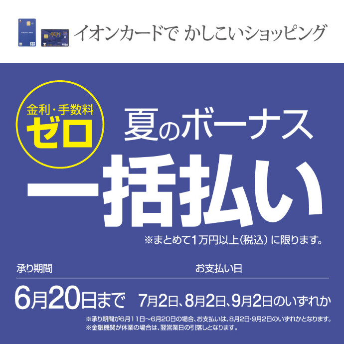 【イオンカード】夏のボーナス一括払い金利手数料ゼロ