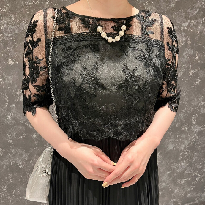花柄刺繍プリーツスカートドレス