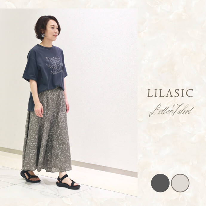 LILASIC/SDCW5174/リラシク/レター刺繍Tシャツ/ナチュラルTシャツ/夏カットソー/透けないTシャツ/オーガンジーT/半そでTシャツ