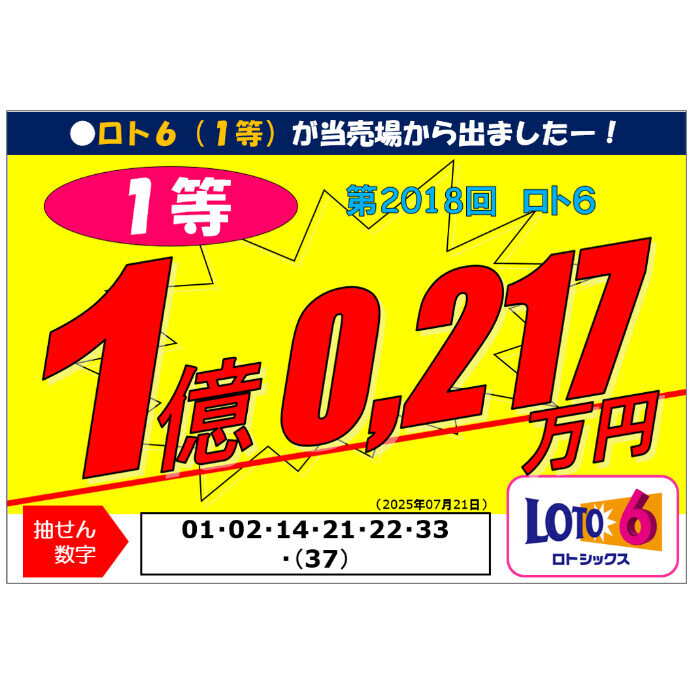 ロト6　第2028回　1等1億円　が出ました