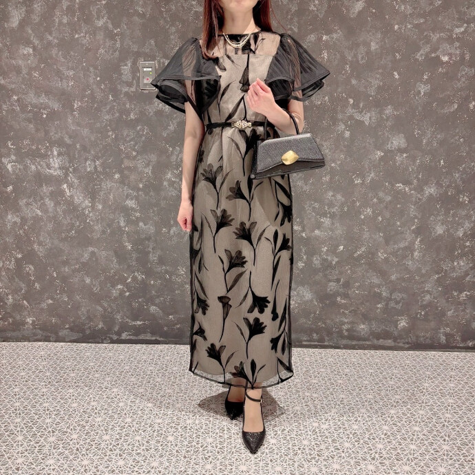 サーキュラースリーブフラワードレス　ブラウン　Mshort LE'RURE 【ドレス2点SET】リルアー サーキュラースリーブ