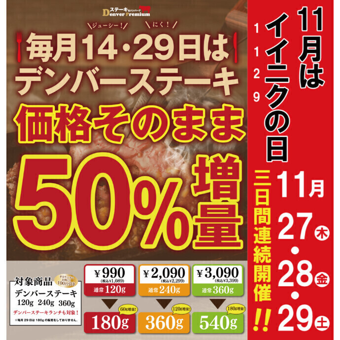 11月は3日間開催！ステーキ50％増量「肉の日キャンペーン」！
