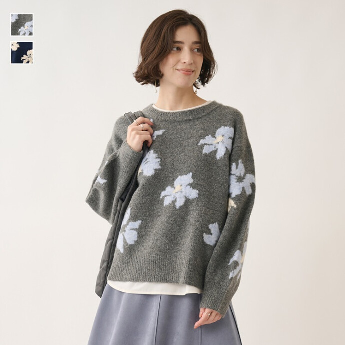 フラワージャカードニットトップス