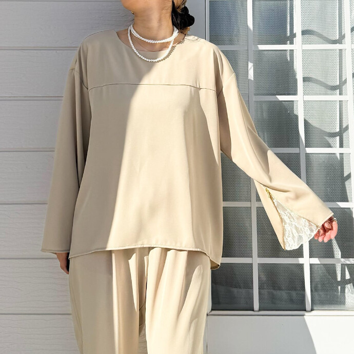 【セットアップ対応アイテム】レースドッキングツイルブラウス