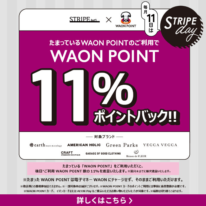 【毎月11日ストライプデー限定】WAON POINT11％ポイントバック！