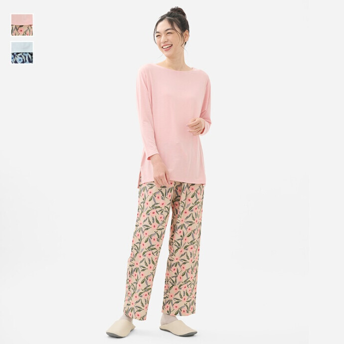 ケユカリラックスウェア ゆったりフラワーロングパンツセットアップ