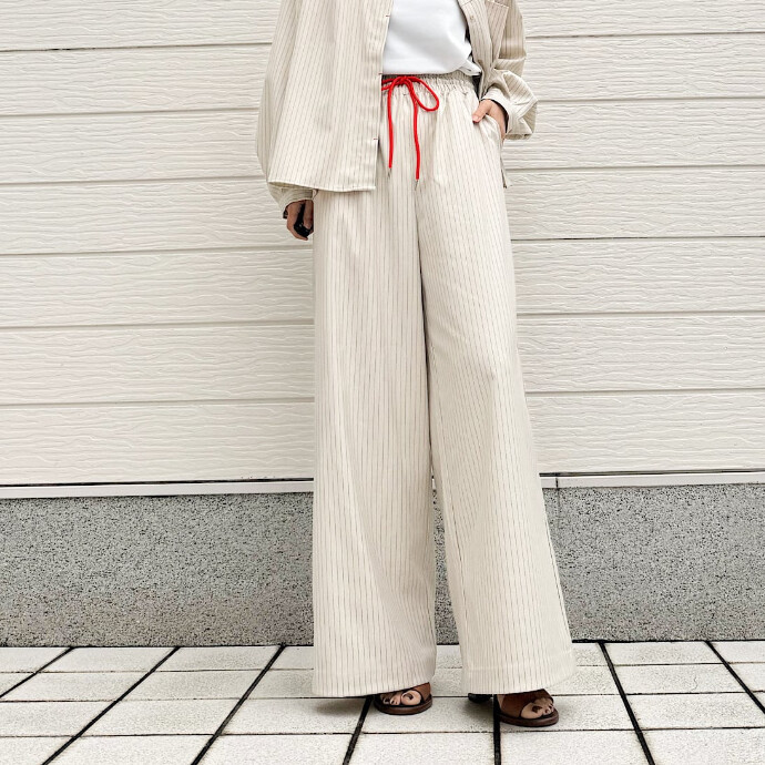 ストライプウエストギャザーワイドパンツ【セットアップ対応アイテム】