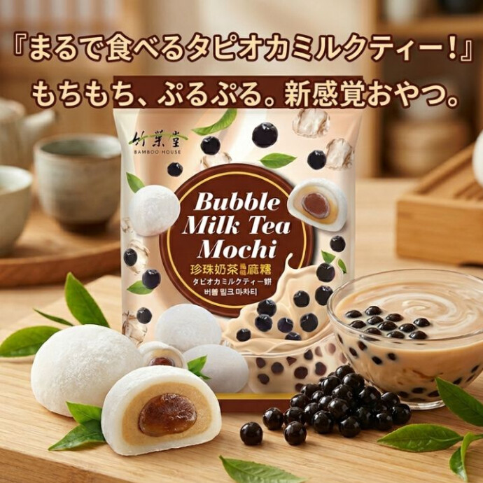 「まるで食べるタピオカミルクティー！」** 台湾で大人気の国民的飲料「タピオカミルクティー」が、もちもちのお餅になりました。