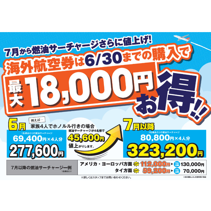 燃油サーチャージ値上げのお知らせ