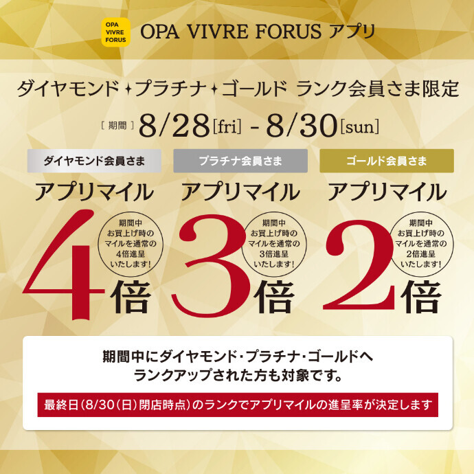 ダイヤモンド・プラチナ・ゴールド ランク会員さま限定 アプリマイルキャンペーン 8/28(金)～8/30(日)