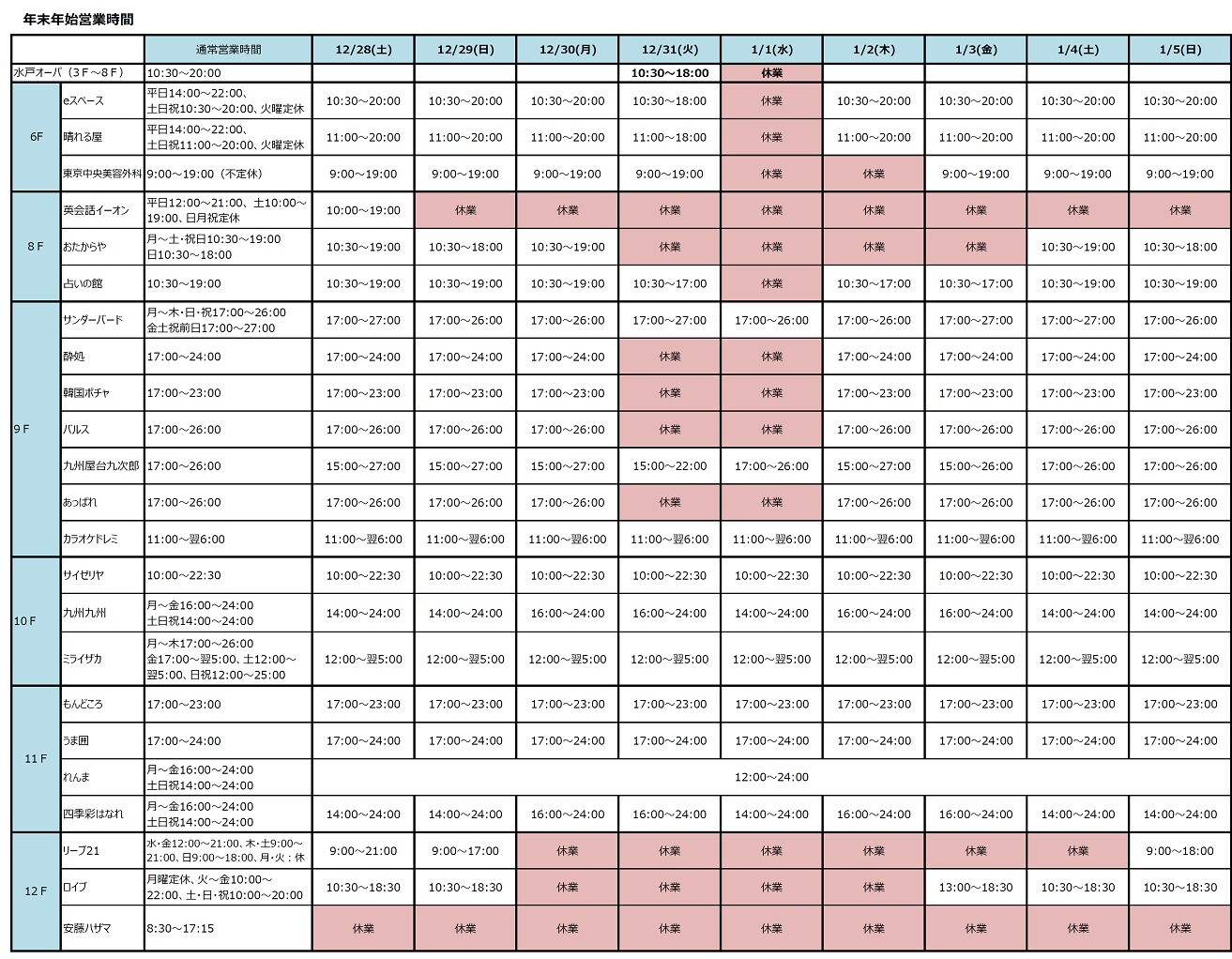 2024～2025：年末年始営業時間