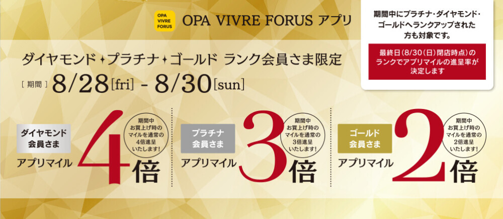 ダイヤモンド・プラチナ・ゴールド ランク会員さま限定 アプリマイルキャンペーン 8/28(金)～8/30(日)